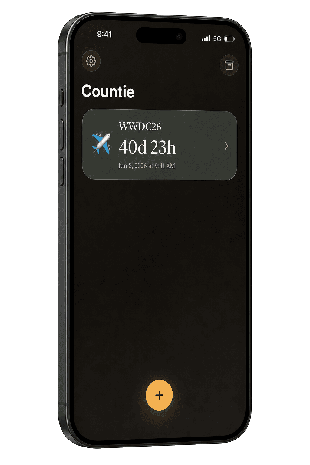 Countie running on a dark phone, showing a WWDC26 countdown with 40 days and 23 hours remaining.