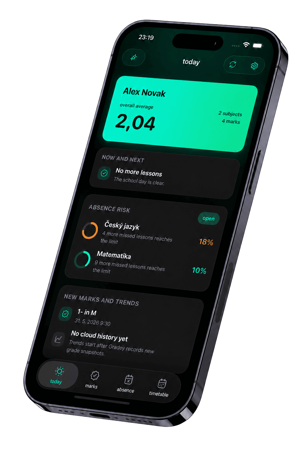 Gradey running on a tilted black phone, showing a dark dashboard with a bright green overall-average card.